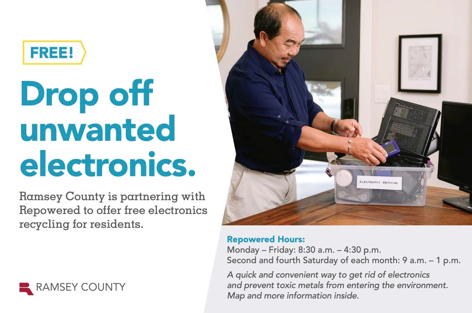 Recycle your unwanted electronics for free with Ramsey County.