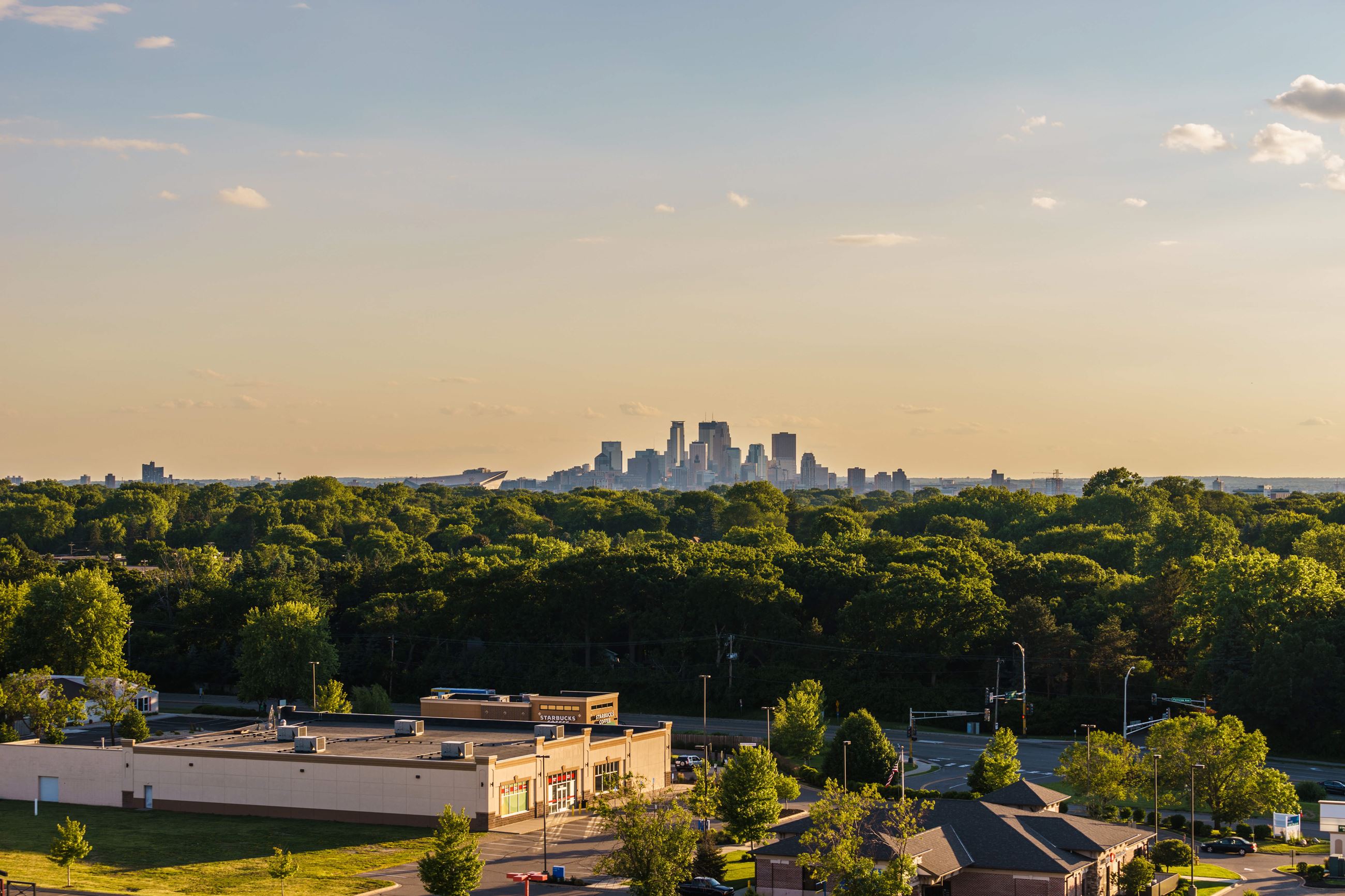 A drone picture of Roseville looking to the Minneapolis skyline.