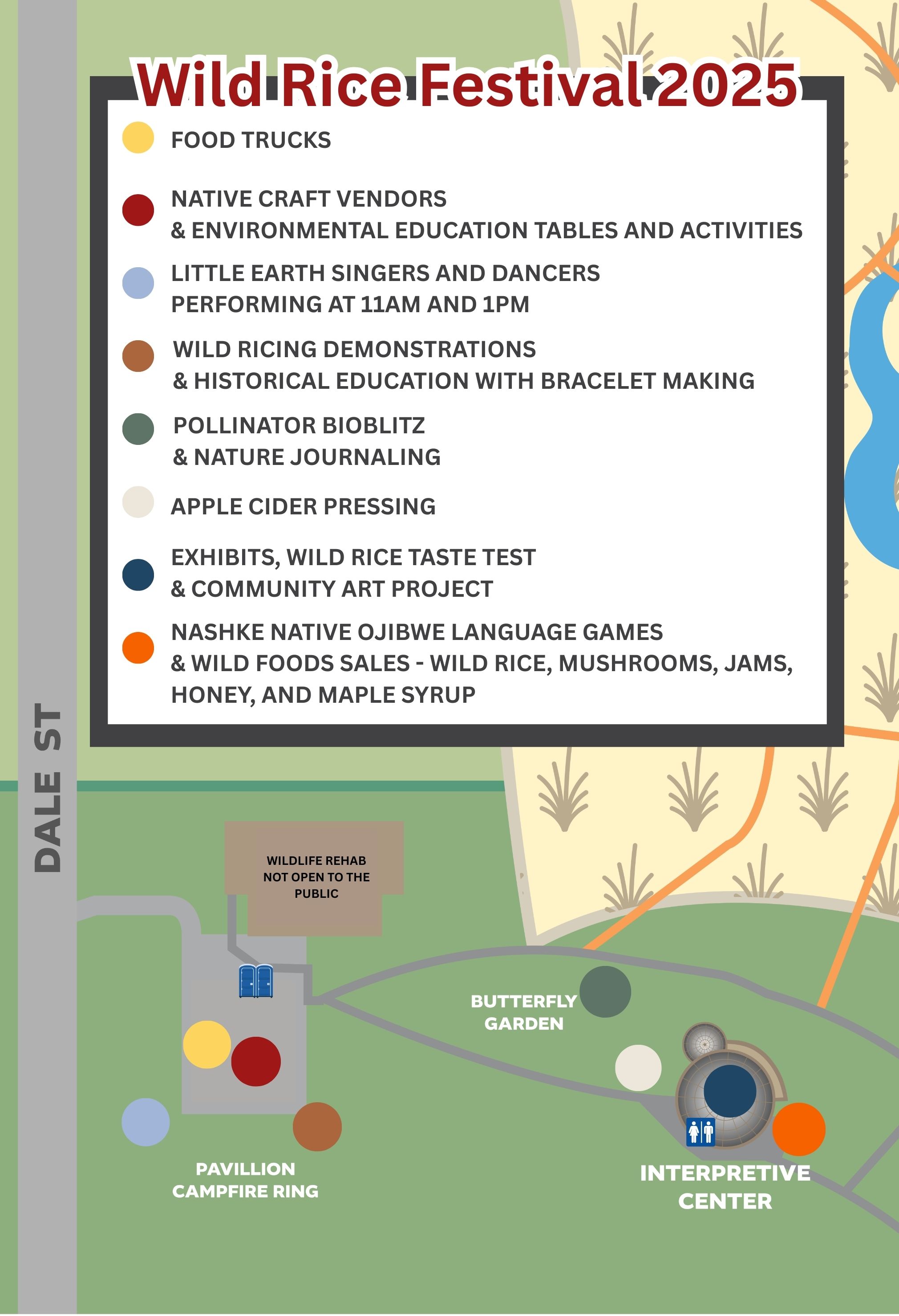 Map for Wild Rice Festival shows locations of activities with colored dots
